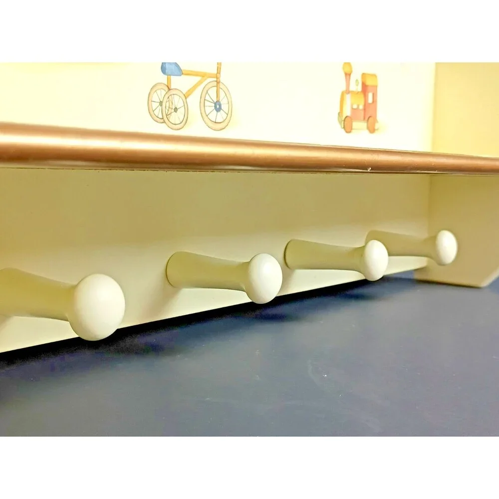 Vintage Wood Nursery Wall Shelf with Hang Pegs Teddy Bears Train Trike Boat
